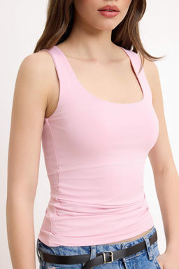 Pembe Fitted/Vucuda Oturan Kare Yaka Kal?n Ask?l? Kolsuz Pamuklu Esnek Orme Atlet TWOSS26AL00089