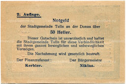 Банкнота 50 геллеров 1920 года Австрия  Тульн-на-Дунае (нотгельд)