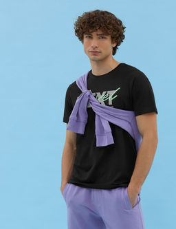 Siyah Slim Fit Bask_l_ Bisiklet Yaka Ti__rt