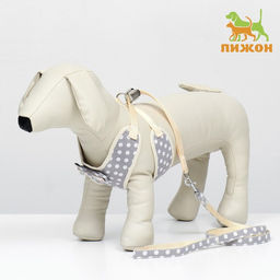 Комплект с мягкой шлейкой Горох, размер S, поводок 120 х 1,5 см, ОГ 28-62 см, серый