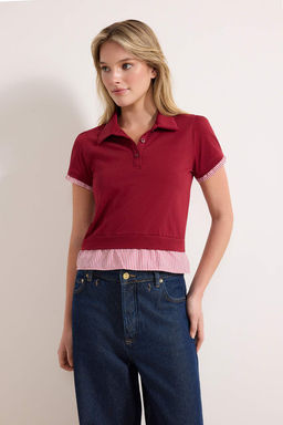 Bordo Regular/Normal Kal?p Polo Yaka Dokuma Detayl? Tok %100 Pamuk Orme Bluz TWOSS26BZ00263 - Trendyolmilla фото 2