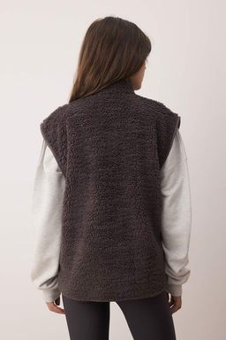 Antrasit Oversize/Genis Kal?p Cep Detayl? Fermuarl? Pelus Kolsuz Orme Yelek TWOAW26YE00021