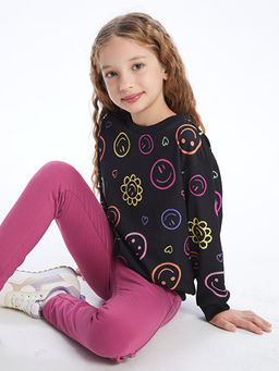 Bisiklet Yaka Bask?l? Uzun Kollu K?z ?ocuk Sweatshirt