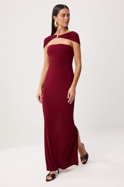 Bordo Duz Dokuma Sandy Maxi Abiye & Mezuniyet Elbisesi