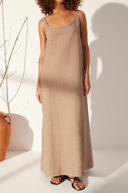 Kahverengi %100 Keten S?rt Detayl? Maxi Elbise TWOSS24EL00668