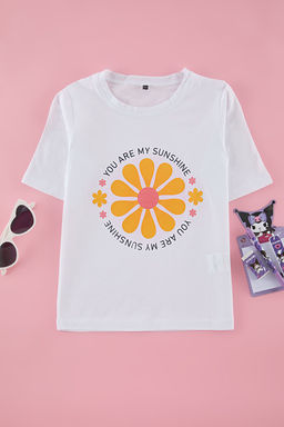 Pudra K?z Cocuk %100 Pamuk Cicekli Regular/Normal Kal?p K?sa Kol Orme T-Shirt TKDSS25TS00039