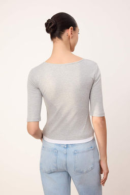 Gri Melanj Fitted/Vucuda Oturan V Yaka Truvakar Pamuk Ribana Orme Bluz TWOSS26BZ00068 - Trendyolmilla фото 6