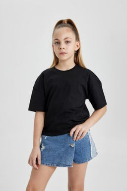 K?z Cocuk Bisiklet Yaka Crop Basic Duz K?sa Kollu Tisort