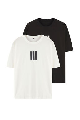 TRENDYOL MAN Ekru-Siyah Oversize/Genis Kesim 2li Paket Cizgi Bask?l? %100 Pamuk T-Shirt TMNSS25TS00210 - Trendyolmilla фото 2