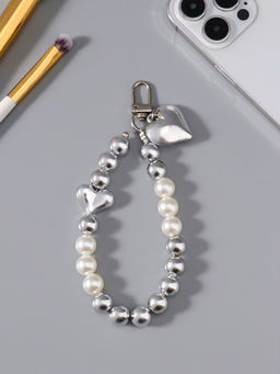 Брелок для ключей на карабине «Жемчужная нить с сердцем», на сумку, рюкзак, серебристо-белый, 11×3×1 см