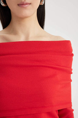 Приталенный свитер с открытыми плечами - Defacto фото 5