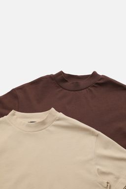 Kahverengi-Bej 2li Paket %100 Pamuk Basic Dik Yaka Orme T-Shirt TWOSS20TS1500