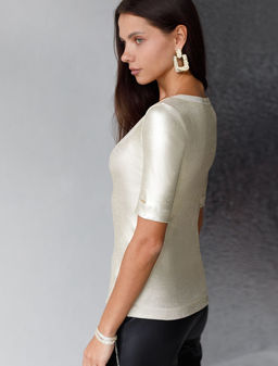 Футболка облегающая из хлопка в рубчик с U вырезом и матовым покрытием металлик - Vilatte фото 2