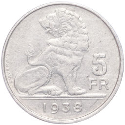 Монета 5 франков 1938 года Бельгия Надпись BELGIE BELGIQUE, гурт с изображением короны