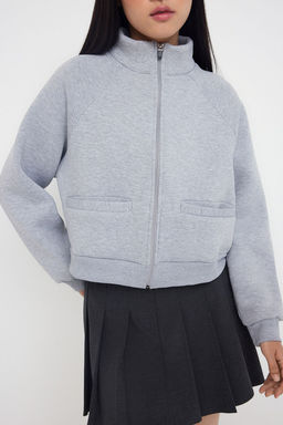 Gri Melanj Regular/Normal Kal?p Fermuarl? Dik Yaka Kal?n Ici Polarl? Orme Sweatshirt TWOAW26SW00017
