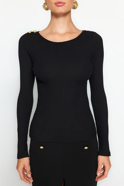Siyah Kay?k Yaka Fitilli Esnek Regular Fit Uzun Kollu Dugme Detayl? Orme Bluz TWOAW24BZ00052 - Trendyolmilla фото 3