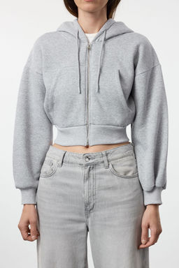 Gri Melanj Regular/Normal Kal?p Kapusonlu Kal?n ici Polarl? Orme Sweatshirt TWOAW25SW00068