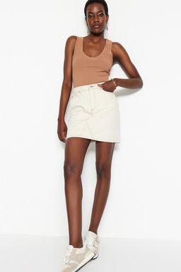 TRENDYOLMILLA Ekru Basic Duz Yuksek Bel Denim Etek TWOSS20ET0181