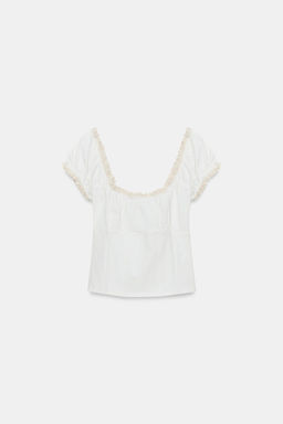 TOP CUADRO VICHY ENCAJE / Crudo / Beige - Zara фото 5