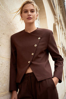 Kahverengi Asimetrik Kapama Regular/Normal Kal?p Dokuma Ceket TWOAW26BC00062 - Trendyolmilla фото 5