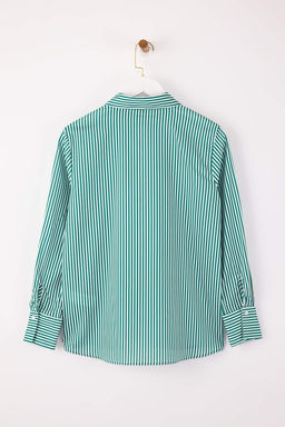 Beyaz Yesil Cizgili Kontrast Patl? Oversize/Genis Kal?p Gomlek TWOSS26GO00010