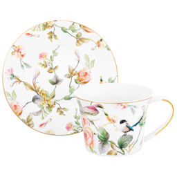 Чайная пара "Певчие птички" 2 предмета, чашка - 12,5*9,5*7 см 270 мл, блюдце - 15,5*15,5*2 см, фарфор NEW BONE CHINA