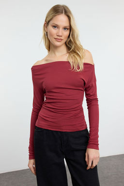 Bordo Duz Premium Yumusak Kumasl? Fitted/Vucuda Oturan Kay?k Yaka Orme Bluz TWOAW24BZ00227