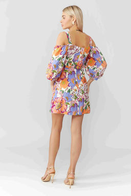 Льняное платье мини на бретелях с объемным рукавом и расклешенной юбкой в принте Цветы винтаж - Serginnetti фото 4