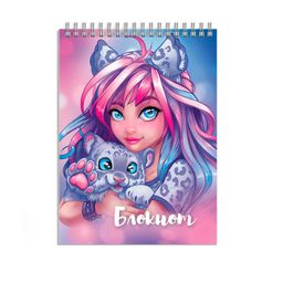 Цена за 3 шт.Блокнот, А7, 40 л, арт. 62955 ДЕВУШКА С БАРСОМ / Блок - белый офсет 60 г/м?, клетка, гребень по коро