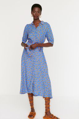 Mavi Cicek Desenli Kusakl? Midi Dokuma Viskon Gomlek Elbise TWOSS20EL1559