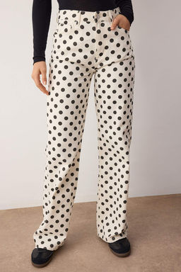 Beyaz Puantiye Desenli Yuksek Bel Wide Leg Jeans TWOAW26JE00241 - Trendyolmilla фото 3