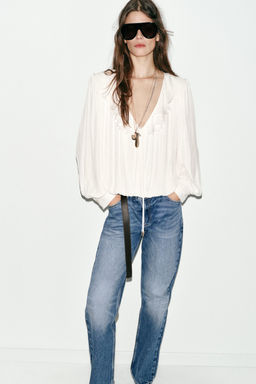 SATIN BLOUSE WITH RUFFLES AND SHOULDER PADS