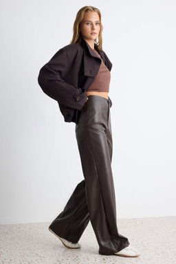 Kahverengi D_z Wide Leg/Geni_ Pa_a Suni Deri _rme Pantolon TWOAW27PL00024 - Trendyolmilla фото 2