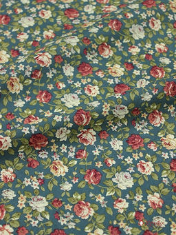 Импорт. хлопок "Розы кораллово-терракотовые" цв.т.зеленая морская волна, ш.1.45м, хл-100%