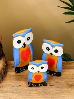 Набор сувенирный Совята с сердечком, h=15 см, h=13 см, h=11 см, дерево, голубой с золотом