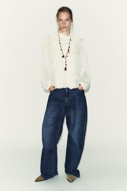 COTTON GAUZE BLOUSE WITH RUFFLE AND LACE TRIMS