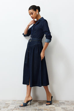 Trendyolmilla Mavi Kemerli Ceket Yaka Maxi Denim Elbise TWOSS24EL00776