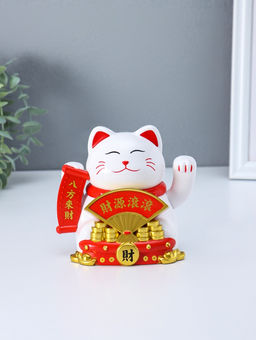 Маятник настольный антистресс от солнечной батареи «Белый кот Манэки-нэко с веером», 11.2×14.3×15.3 см