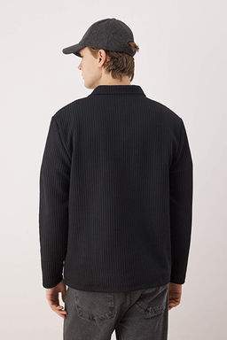 Siyah Relaxed Kesim Waffle Dokulu Polo Yaka Sweatshirt TMNAW26SW00058 - Trendyolmilla фото 2