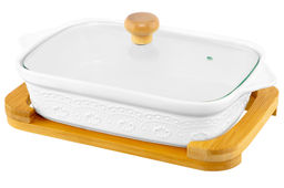 Блюдо д/запекания и сервировки 1,1 л 30*18*13 см "Белый узор" с стекл крышкой на дер подст.