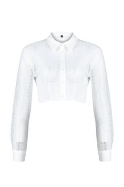 Ekru Dantelli Crop Regular Normal Kal?p Dokuma Gomlek TWOSS24GO00054