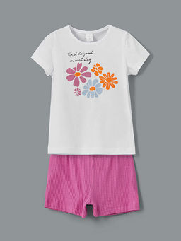 Bisiklet Yaka Bask?l? K?z ?ocuk Ti??rt ve ?ort 2li