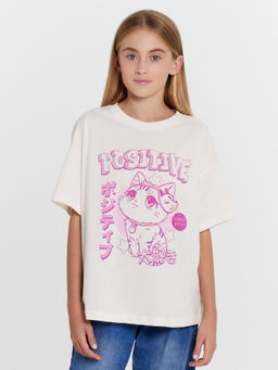 Футболка для девочек бело-бежевая с аниме котиком - Mark formelle фото 2
