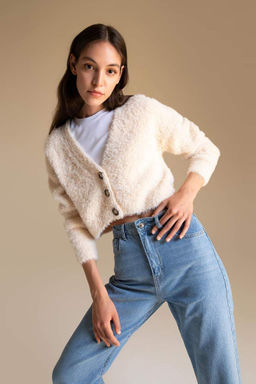 Кардиган стандартного кроя с V-образным вырезом - Defacto фото 2