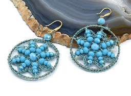 Серьги ручной работы астра в оплетении цв.бирюзовый