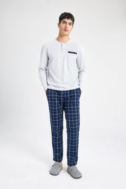 Regular Fit Pijama Tak?m? Bisiklet Yaka Uzun Kollu Ust Beli Lastikli Kareli Uzun Alt