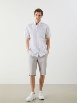 Regular Fit K?sa Kollu ?izgili Keten Kar???ml? Erkek G?mlek