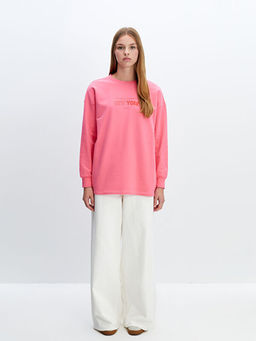 Bisiklet Yaka Bask?l? Oversize Kad?n Kal?n Sweatshirt Tunik