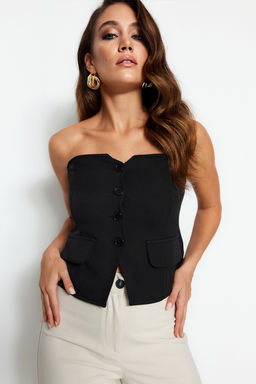 Siyah Slim Fit Straplez Crop Dokuma Yelek TWOAW24YE00034