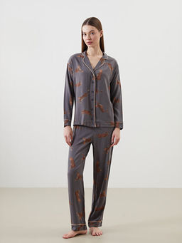 G?mlek Yaka Leopar Desenli Kad?n Pijama Tak?m?